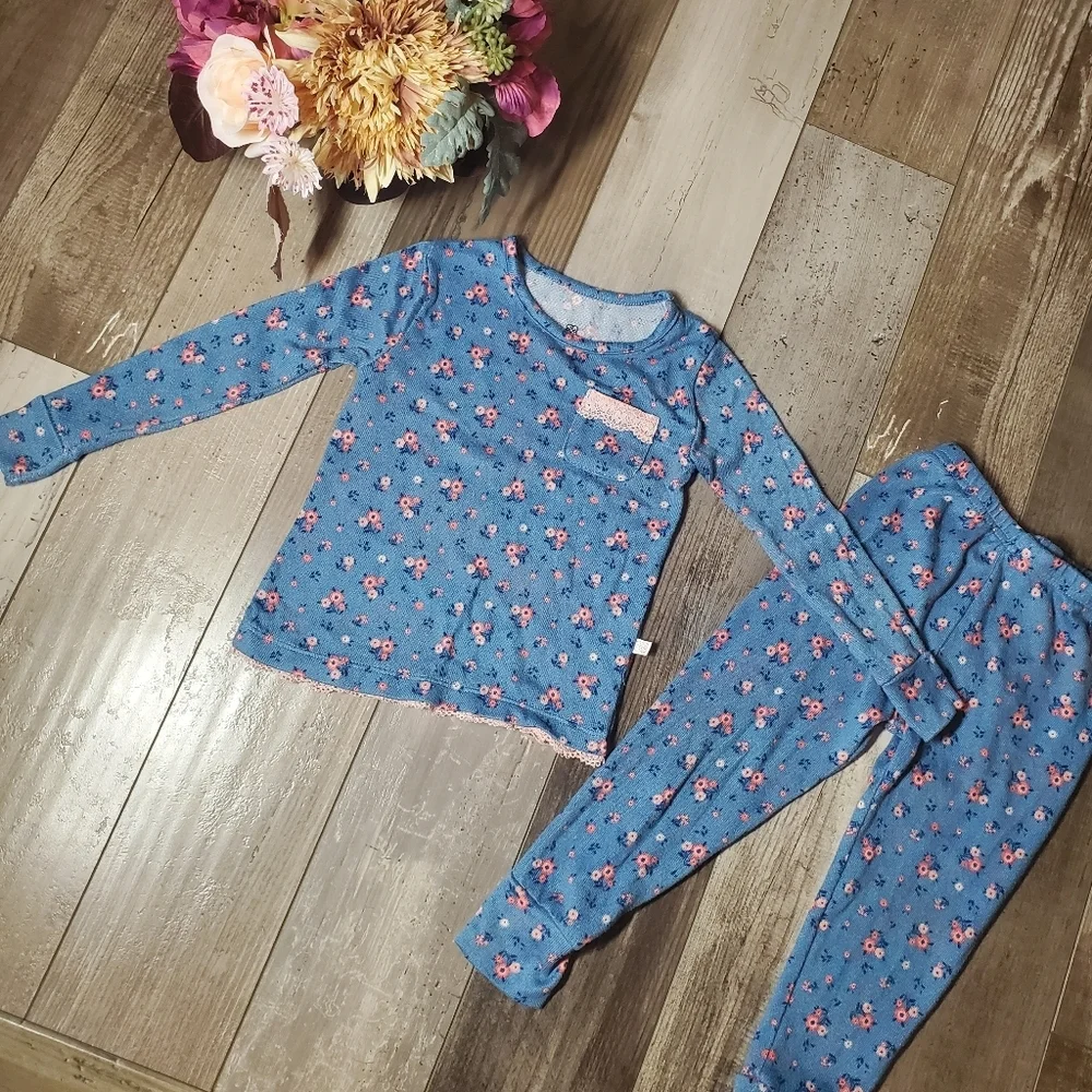 Daisy Fuentes Blue & Pink Floral Matching Pajama PJ Set Toddler Girl Size 3T EUC